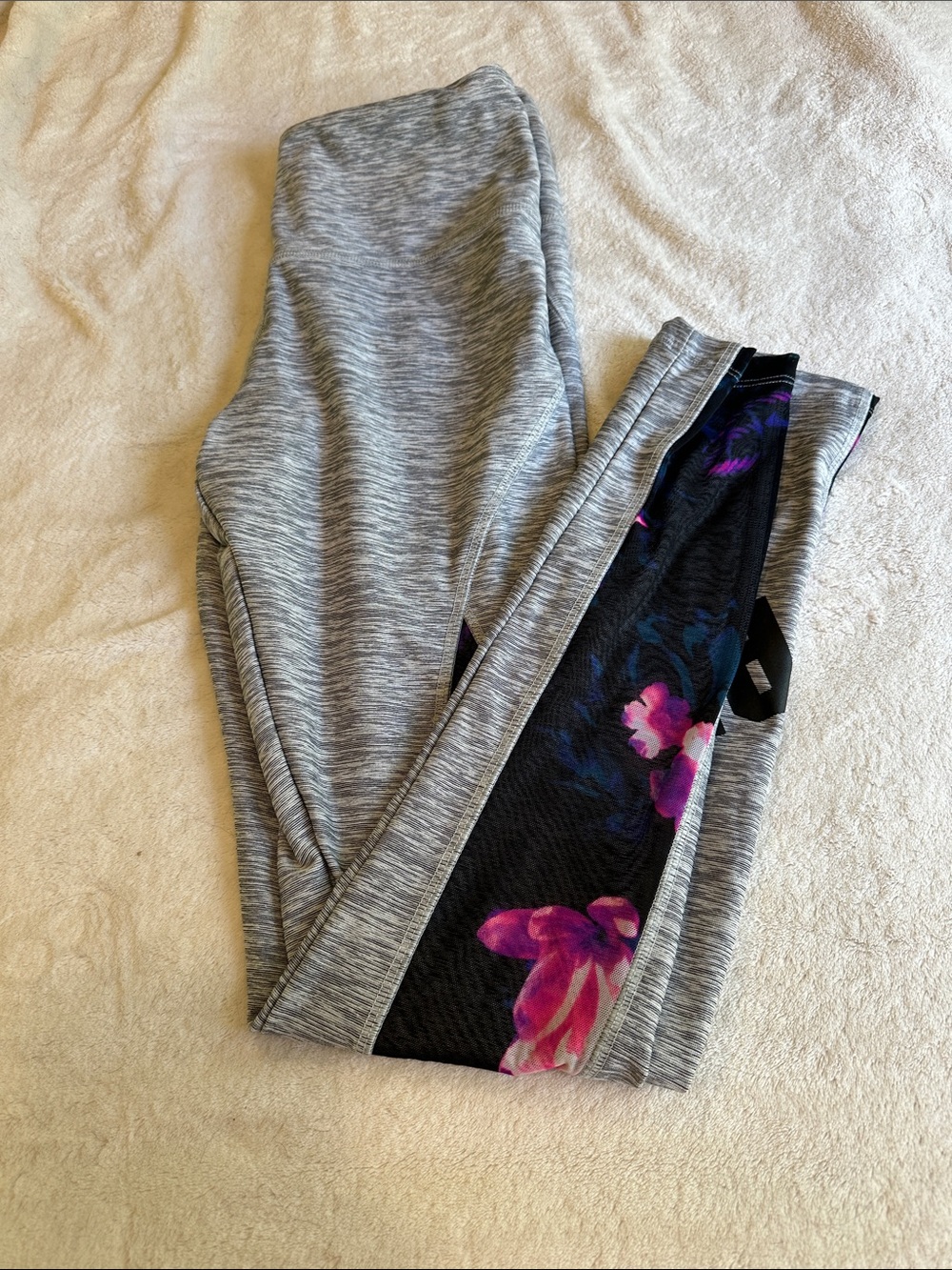 Pink- Gray Athletic Leggings with Black Floral Side Panel size small